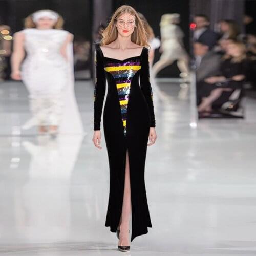 Womens High-Split Sexy Party Vestidos Formal Celebrity Evening Gown Dress Long Sleeve Sequin Sparkly Maxi Dresses Robe