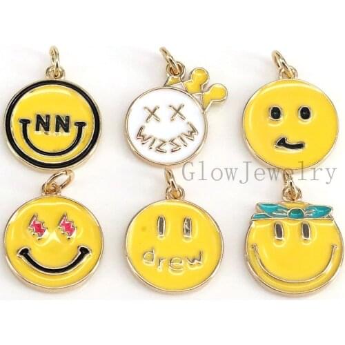 10Pcs,Enamel Charms For Jewelry Making, Happy Face Designer Charms For Diy, Gold Fun Charms, Copper Enamelled Accessories