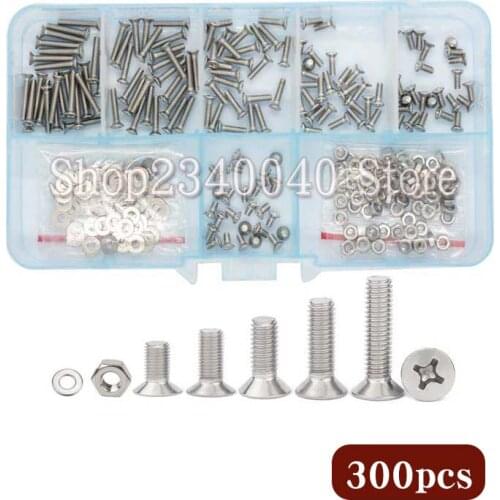 300Pcs/set 304 Stainless steel Phillips Flat Countersunk Head Screw Nut Gasket Flat head Bolts Assortment Kit M2*4/5/6/8/10/12