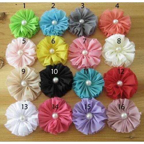 80 pcs/lot 2.5 " DIY Chiffon Frayed Flowers Pearl Center Flat Back Hair Accessory