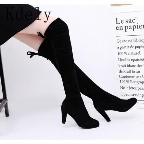 Women Boot Faux Suede Over The Knee Boots Lace Up Sexy High Heels Shoes Woman Female Slim Thigh Botas 35-43 Thigh High Boots