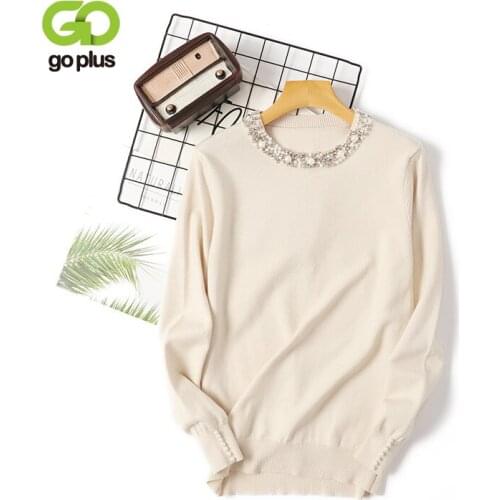 GOPLUS Autumn Winter Sweater Pearl String Neckline Sweater Round Neck Pullover Long Sleeve Casual Sweater Temperament Slim