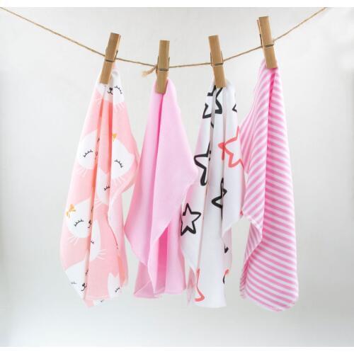 H12 Free shipping baby small square / feeding napkin soft cotton cloth Pink hand-painted pattern 4 pieces installed size 28 * 28