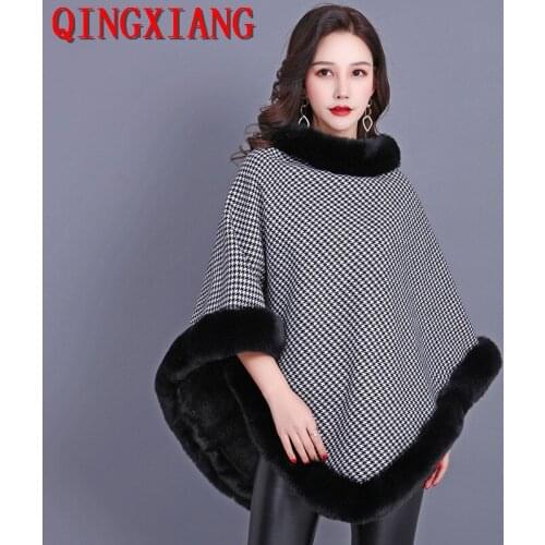 Khaki Plus Velvet Warm Pullover 2021 Winter Faux Fox Fur Out Street Wear Women Capes Houndstooth Poncho Knitted O Neck Fur Coat