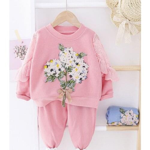 ZWF314 Baby Girls Clothing Sets Beautiful Flowers Lace T Shirt Pants Toddler Infant Clothes Autumn Children Vacation Costume