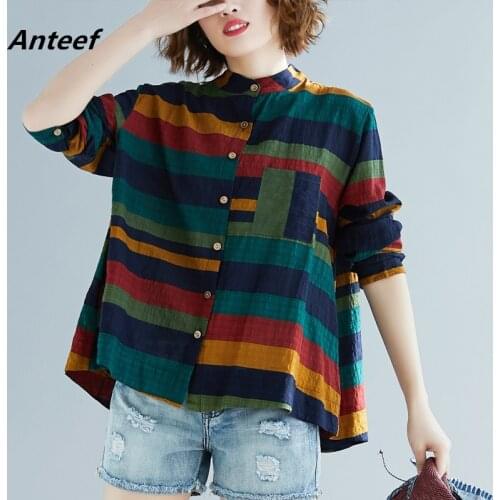 Long sleeve cotton autumn vintage korean style plus size Casual loose shirt women blouse 2021 clothes ladies tops streetwear