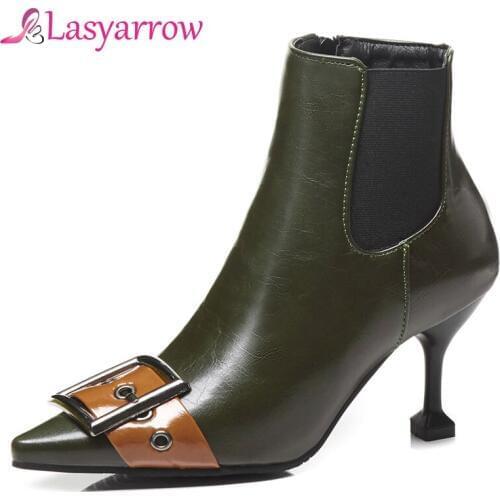 Lasyarrow Punk Buckle Zipper Ankle Boots For Women Autumn Winter Shoes Woman Elastic Botas Mujer High Heels Pointed Toe Shoes