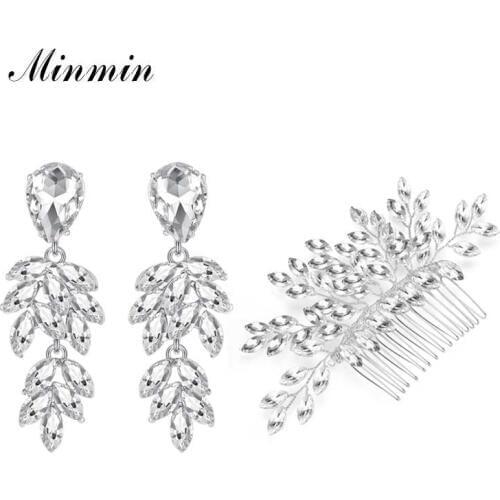 Minmin Marquise Leaf Cluster Comb Earrings Set Luxury Silver Color Crystal Wedding Jewelry Sets for Bridal Jewelry MEH1088+FS324