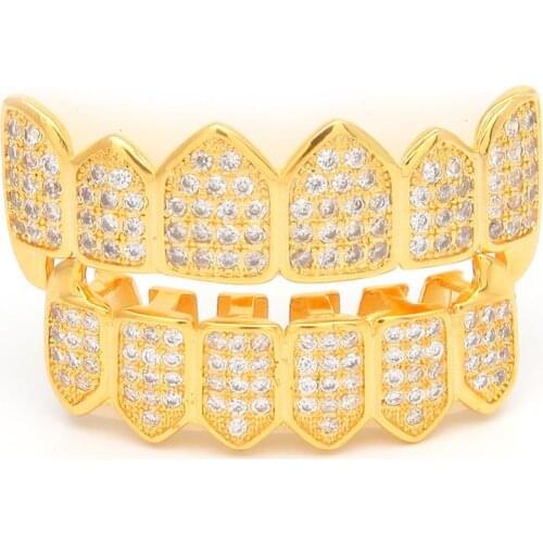 Iced Out Men Women Vampire Grillz Hip Hop AAA Zircon Fang Mouth Teeth Caps Top & Bottom Dental Grills Set