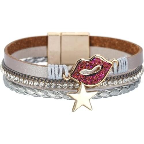 ORNAPEADIA Ladies Fashion Bracelet Lips Stars Diamond Woven Leather Dark Black Multilayer Magnetic Clasp Bracelet