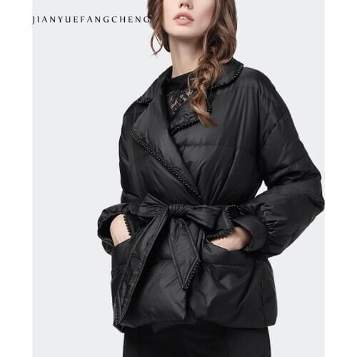 2020 Winter New Women Duck Down Jacket Loose Comfortable Black Suit Collar Beaded Puffer Coat With Sashes Warm Cotton Jackets