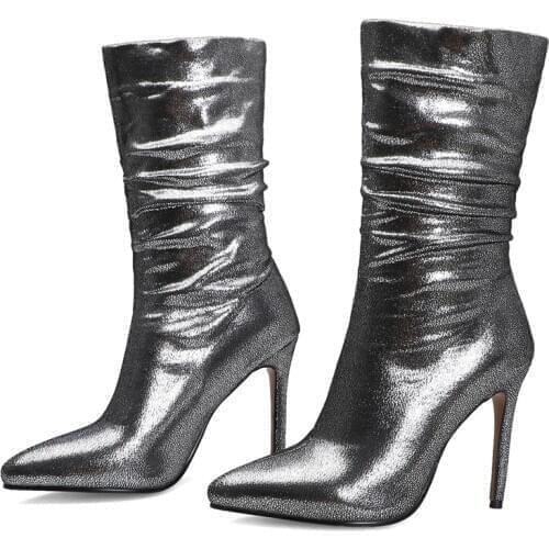 Luxury Black Silver Socks Boots Women Sexy High Heels Mid-calf Boots Fashion Pointed toe Slip-on Womens Shoes Autumn Spring