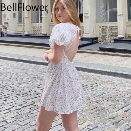 Backless Lace Women Mini Dress A-LINE Short Puff Sleeve V-Neck Shirring Sexy Summer Gothic Dresses for Women Party Club Dress