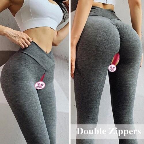 Secret Pants Zipper Outdoor Public Sex Leggings Sexy Open Croch Crotchless Tights Push Up Fitness High Waist Trousers Clothes
