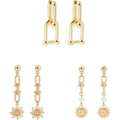 Gold Thick U-shaped Link Drop Earrings for Women Trendy Chunky Geometric Long Chain Sun Dangle Earrings Minimalist Jewelry