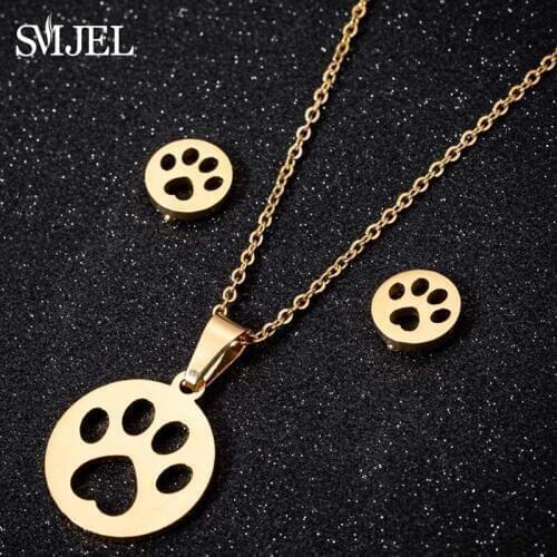 SMJEL Cute Stainless Steel Cat Paw Pendant Necklace for Women Kids Animal Necklace Set Friendship Jewelry Gift