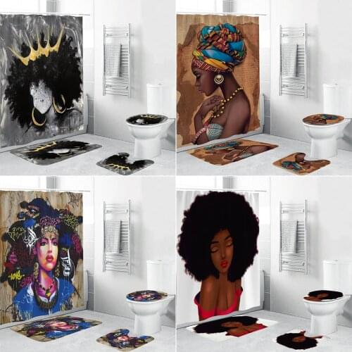 Noble Sexy African Woman Print Shower Curtain Set Afro American Lady Bathroom Decor with Non-slip Rug Toilet Lid Cover Bath Mat
