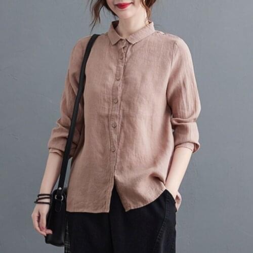 Plus Size Women Cotton Linen Casual Shirts New 2021 Spring Simple Style Vintage Solid Color Loose Female Long Sleeve Tops S3764