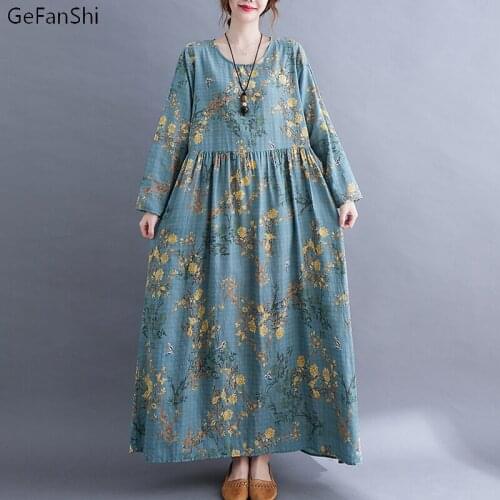 Spring Autumn Women Dresses Casual Loose Vintage Floral Long Sleeve Cotton Linen Dress Fashion Elegant Long Maxi Dresses Robe