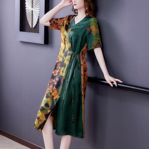 2021 Women Vintage Mulberry Silk Maxi Dress Summer Casual Loose Print 3XL Plus Size Shirt Dress Elegant Bodycon Party Vestidos