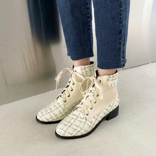 2020 winter autumn plaid checked womens boots lace-up cross-tied chunky low heels martin woman ankle boots small big size 33-46