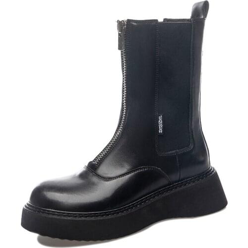 Genuine Leather Women Boots Woman Shoe Fashion Female Breathable Cowhide Bootie Front Zipper Light Black Boots