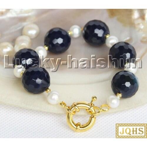 Natural 8" 14mm round diced faceted navy blue agates white pearls Bracelet c200