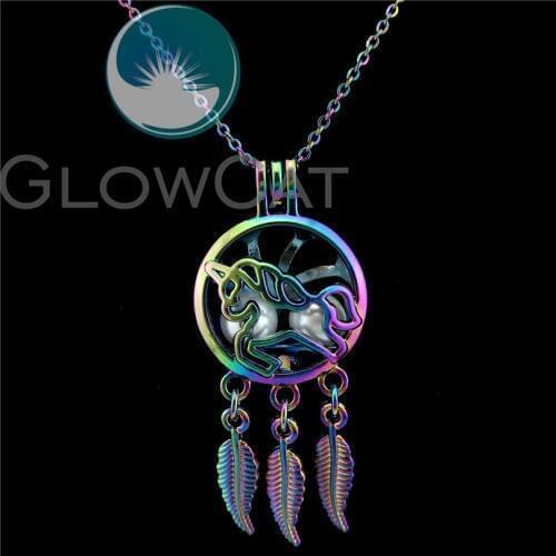 C751 Rainbow Dream Catcher Unicorn Beads Cage Essential Oil Diffuser Pearl Cage Locket Necklace Girl Friend Lovers