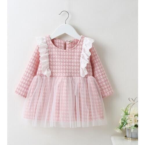 Spring Fall Kids Dresses for Girls Lovely Lace Ruffles Patchwork Mesh Long Sleeve Baby Girl Dress Wedding Princess Dress 0-18M