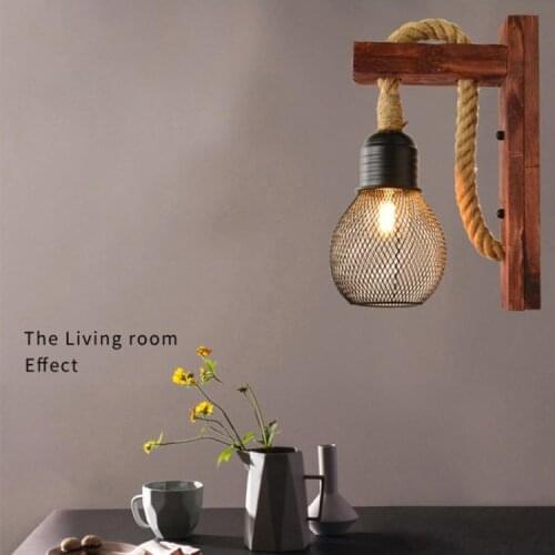 E27 American Style Pastoral Hemp Rope Wall Lamp Vintage Wooden Wall Light for Restaurant Coffee Shop Decor(Without Bulb)
