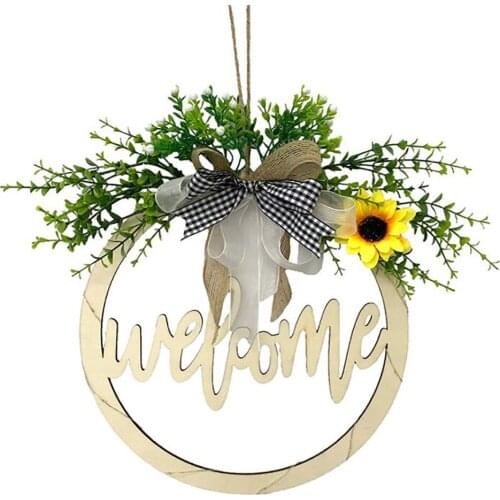 Artificial Flowers Wreaths Round Wall Farmhouse Hanging Spring Home Decorations Sunflower With Light Wooden Sign Door Pendant