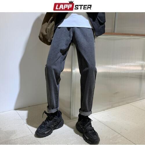 LAPPSTER Men Baggy Black Jeans Pants 2020 Solid Korean Fashions Loose Denim Pants Women Streetwear Hip Hop Vintage Joggers Pants
