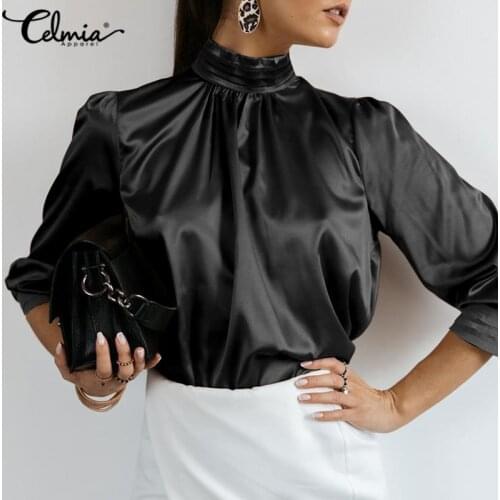 Celmia Women Elegant Satin Blouses Fashion Solid Party High Collar Silk Shirt 2021 Autumn Lantern Sleeve Blusas Tops 7