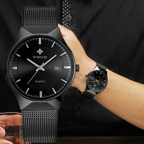 Mens Watches WWOOR Top Brand Luxury Stainless Steel Ultra-thin Quartz Auto Date Wrist Watch For Men Waterproof Relogio Masculino