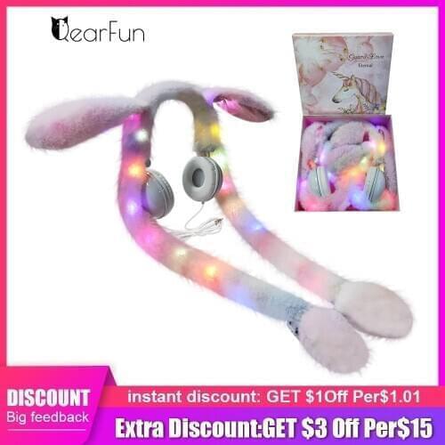 Fun rabbit wire headphone Girl Rabbit Cartoon Headhand With Gift Box Controllable LED Light Head-mounted Headset Universal phone