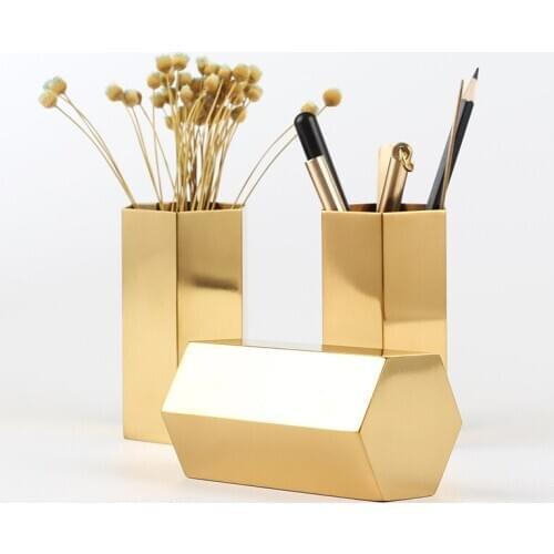 New Luxury Metal Pen Brushes Holder Gold Pen Holder Desktop Flower Vase Storage Container for Home Office Hexagon decorate