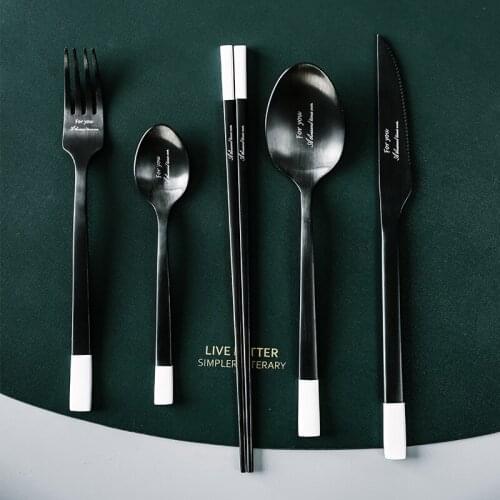 Stainless Steel Steak Knife Spoon Fork Chopsticks Moire Black White Letters Simple European Dessert Mirror Polish Flatware Set