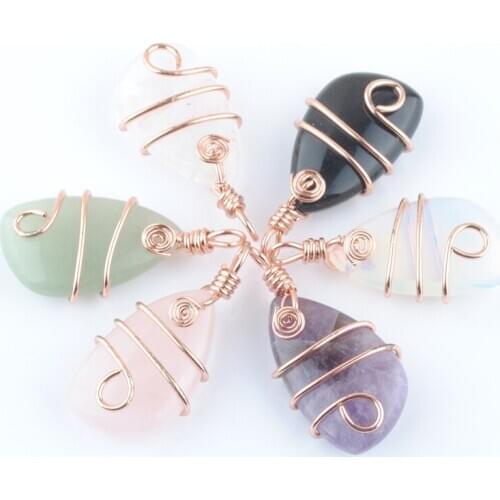 Wholesale 6Pcs/Lot Natural Stone Copper Wire Wrap Pendant Irregular Geometric Bead Rose Gold Color Dangle Charms Jewelry QBN437