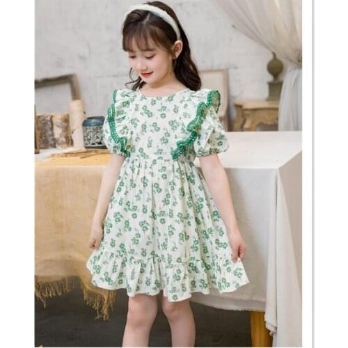 3-7 Years High Quality Summer Girl Dress 2021 New Floral Cotton Solid Draped Ruched Kid Children Clothing Girl Princess Dresses