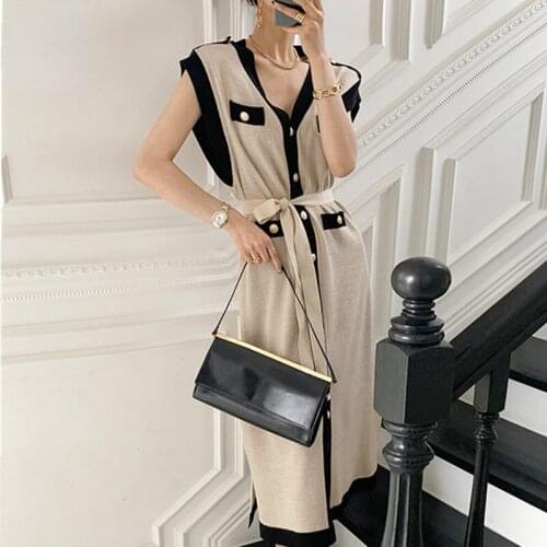 Korea Chic Knitted Summer Dress Woman Fashion Single Breasted Sleeveless Vestido Female Elegant Party Dresses Female Clothes