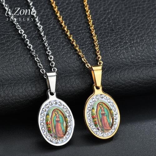 Uzone Religious Virgin Mary Pendant Amulet Necklace Stainless Steel Christian Jewelry CZ Stone Prayer Necklaces For Women Collar