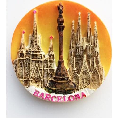 QIQIPP Barcelona, Spain Landmark 3 Building Tour Memorial Resin Painted Crafts Magnet Refrigerator Sticker Letter