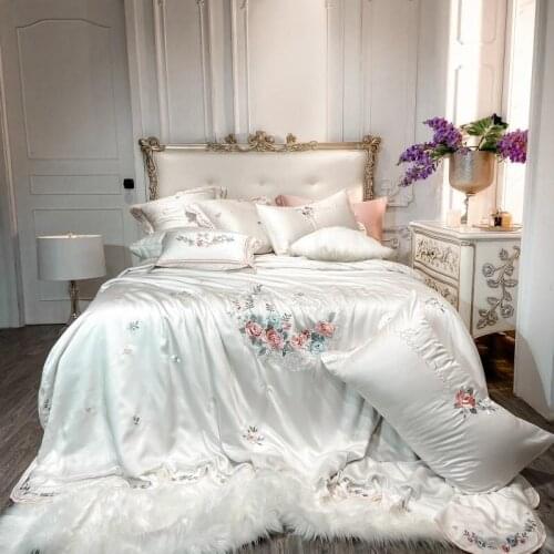 Luxury 4/7Pcs Embroidery White Duvet Cover Set 600TC Tencel Silk Duvet Cover Set Bed Sheet King Queen Pillowcases Size