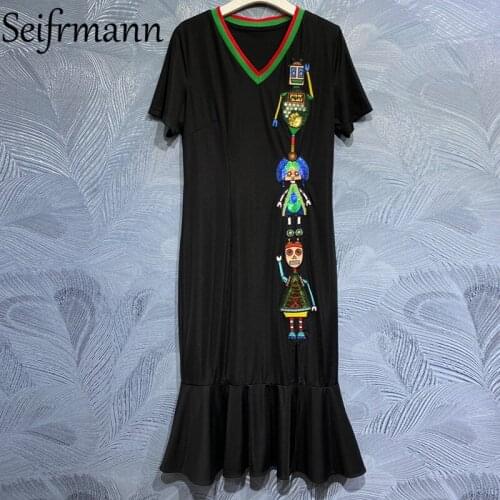 Seifrmann New 2021 Summer Women Fashion Runway Mermaid Dress Sexy V-Neck Gorgeous Embroidery Elegant Party Midi Dresses Vestidos