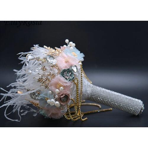 EillyRosia Feather Bridal Bouquet Rhinestones Holding Artificial Flowers Crystals Pearls Crown Wedding Bouquet Decoration Unique