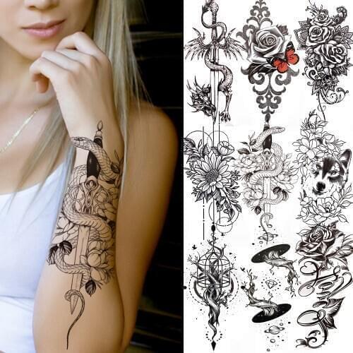 Sword Black Snake Tattoo Sticker Butterfly Tribal Wolf Tree Cage Temporary Tattoos For Women Adults Fake Flower Rose Peony Tatos