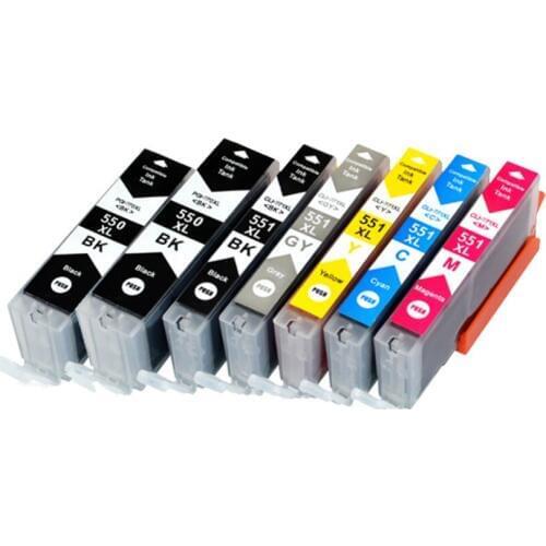 YLC 7pcs 6colors PGI550 PGI-550 CLI-551 compatible ink cartridge for Canon IP7250 MG5450 MX925 MG5550 MG6450 MG5650 MG6650 MX725