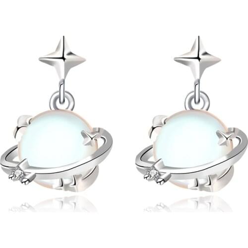 Fashion Design S925 Sterling Silver Moonstone Planet Drop Earrings Woman Simple Style Party Gift