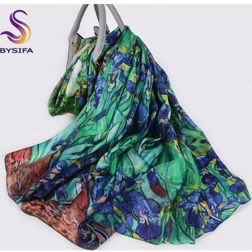 [BYSIFA] New Blue Green Silk Scarf Shawl Women Fashion Brand 100% Pure Silk Long Scarves Autum Winter Warm Neck Head Scarf Hijab