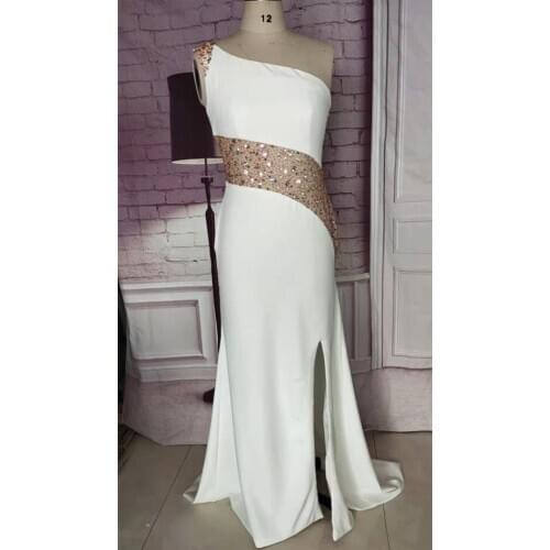 Long One Shoulder Beaded Ivory Evening Dresses Mermaid Floor Length Satin Illusion Back Formal Party Dresses for Women